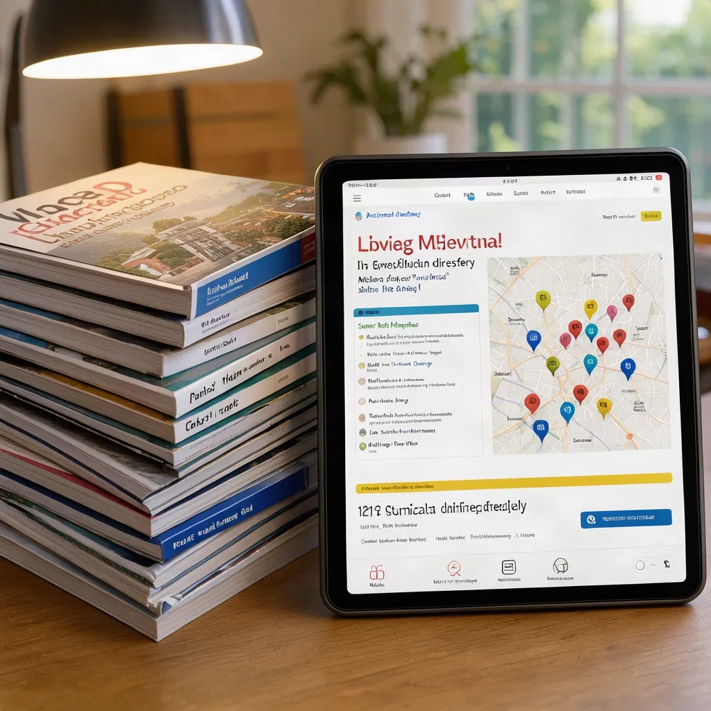 Annuaire des métiers du Golfe affiché sur tablette à côté de guides locaux