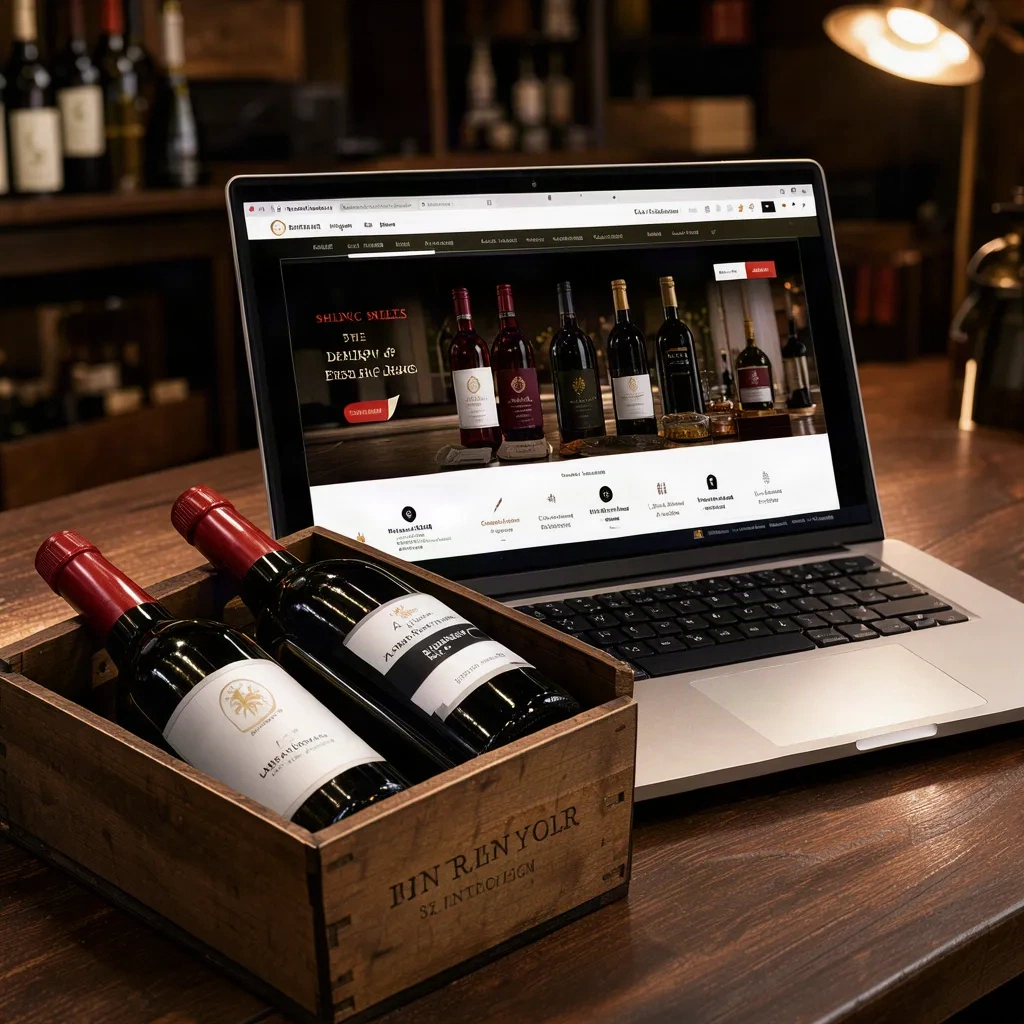 Boutique en ligne d'un marchand de vin avec caisse de bouteilles