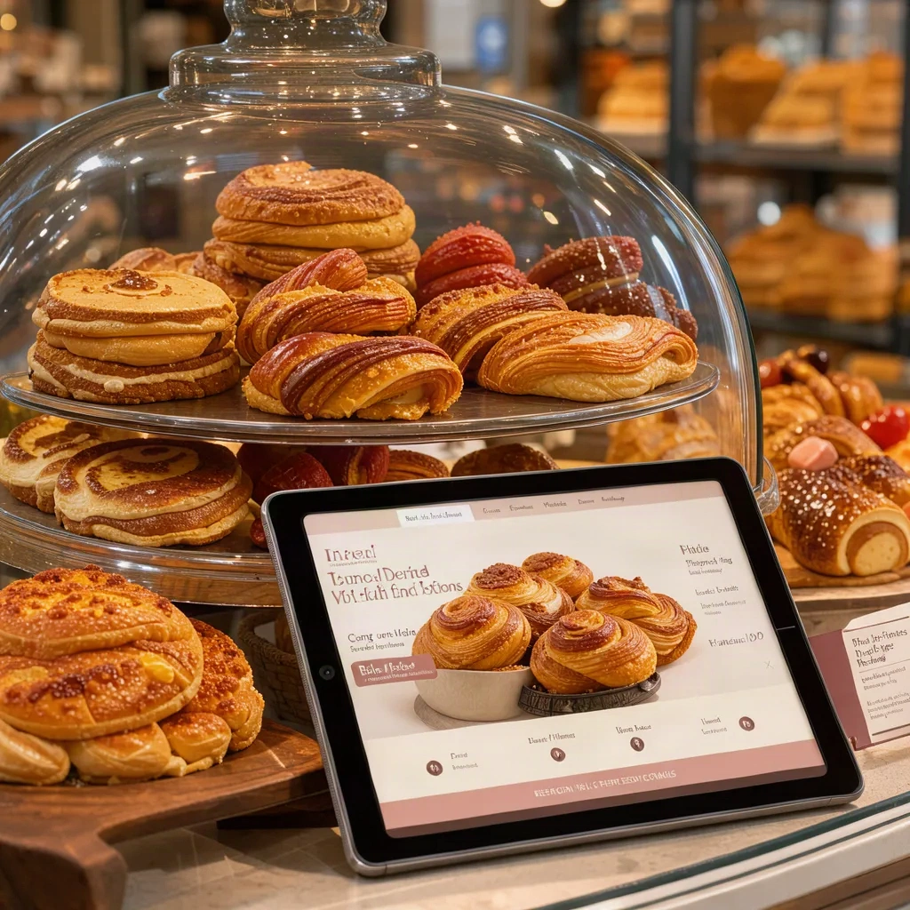 Site vitrine d'une pâtisserie affiché sur tablette devant un comptoir