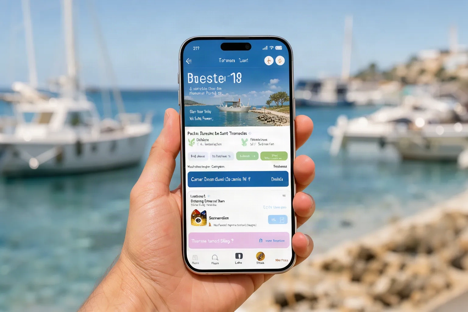 Smartphone affichant une application mobile devant le port de Saint-Tropez