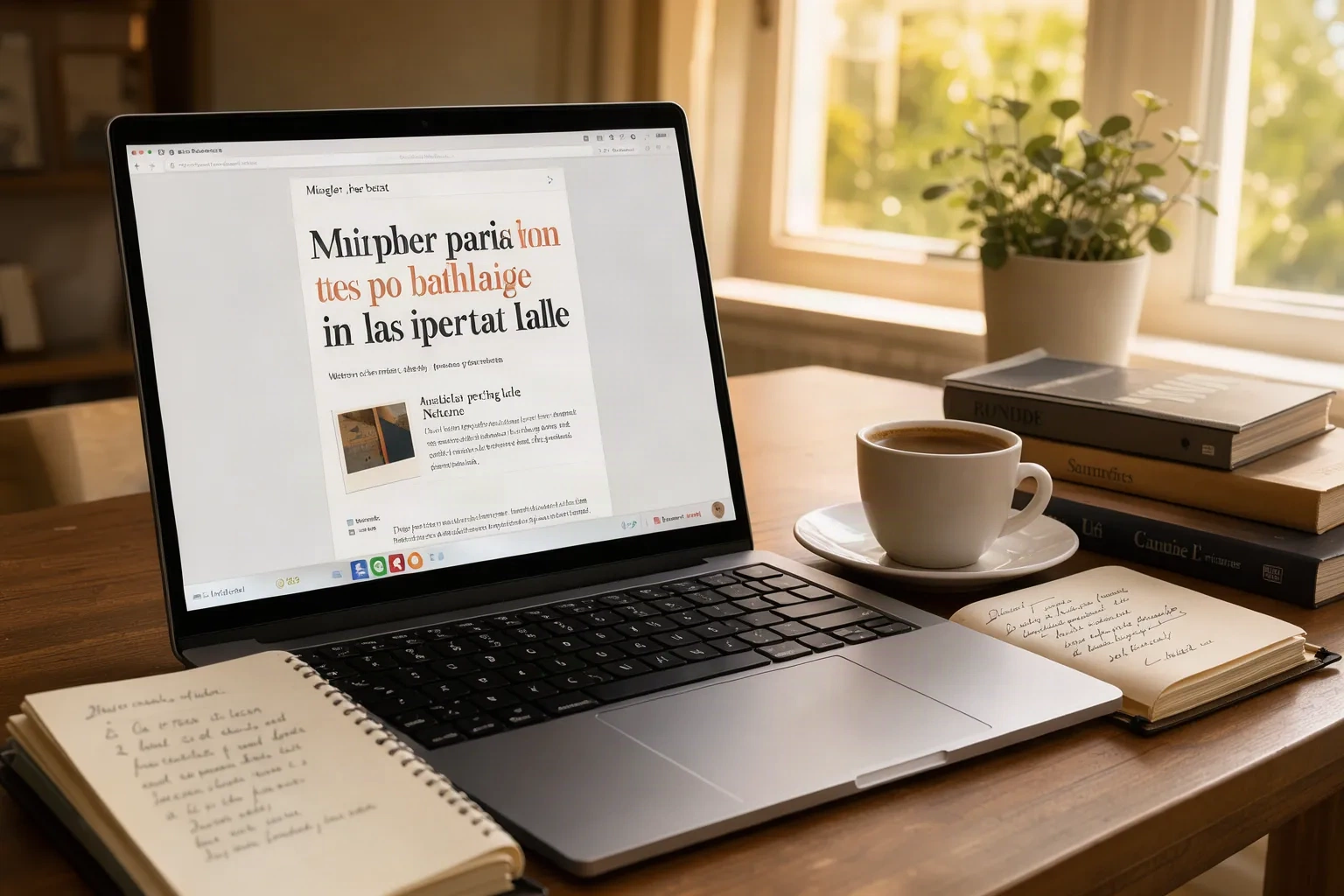 Bureau d'écriture avec un article de blog en cours de rédaction sur ordinateur
