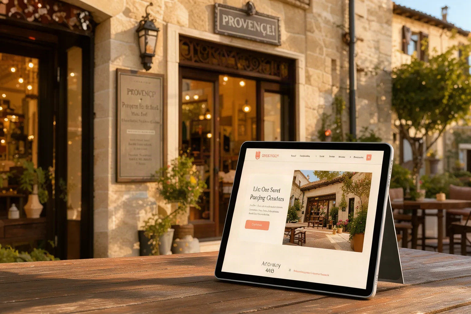 Devanture d'un commerce artisanal provençal et sa tablette présentant le site vitrine